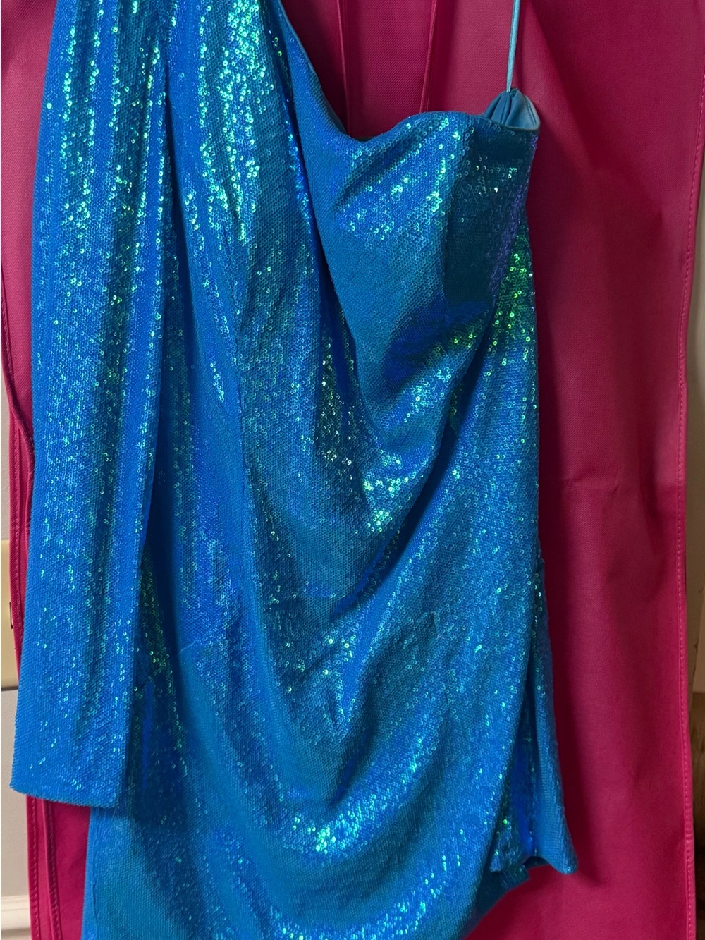 Blue Sequin Prom or HOCO Dress with Draped Bodice one shoulder